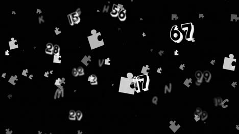 animación de rompecabezas y números flotando sobre un fondo negro