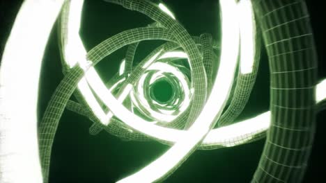 dynamic visualization of twisting green light structures creating an enigmatic tunnel experience with a futuristic and hypnotic vibe