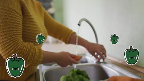 Animation-of-pepper-icons-over-caucasian-woman-washing-vegetables