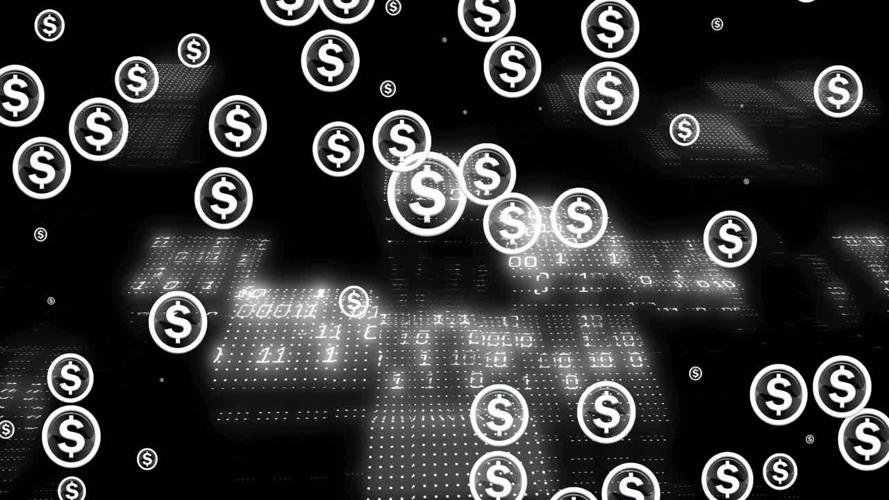 미국 달러 기호의 애니메이션, 바이너리 코딩 및 금융 데이터 처리