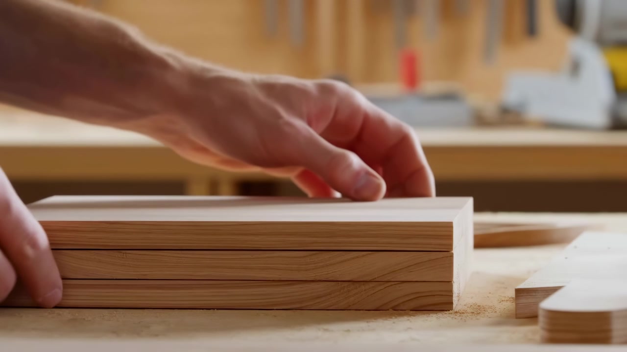 Vista ravvicinata delle mani che misurano, allineano e premono assi di legno duro impilate su un banco da lavoro in legno, mostrando un'attenta falegnameria, una texture tattile e una precisa configurazione manuale, con mano, legno, asse.
