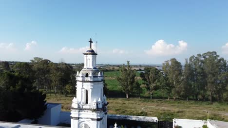 Aerial-view-of-the-church-tower-of-Santiago-de-Querétaro-City-in-Mexico
