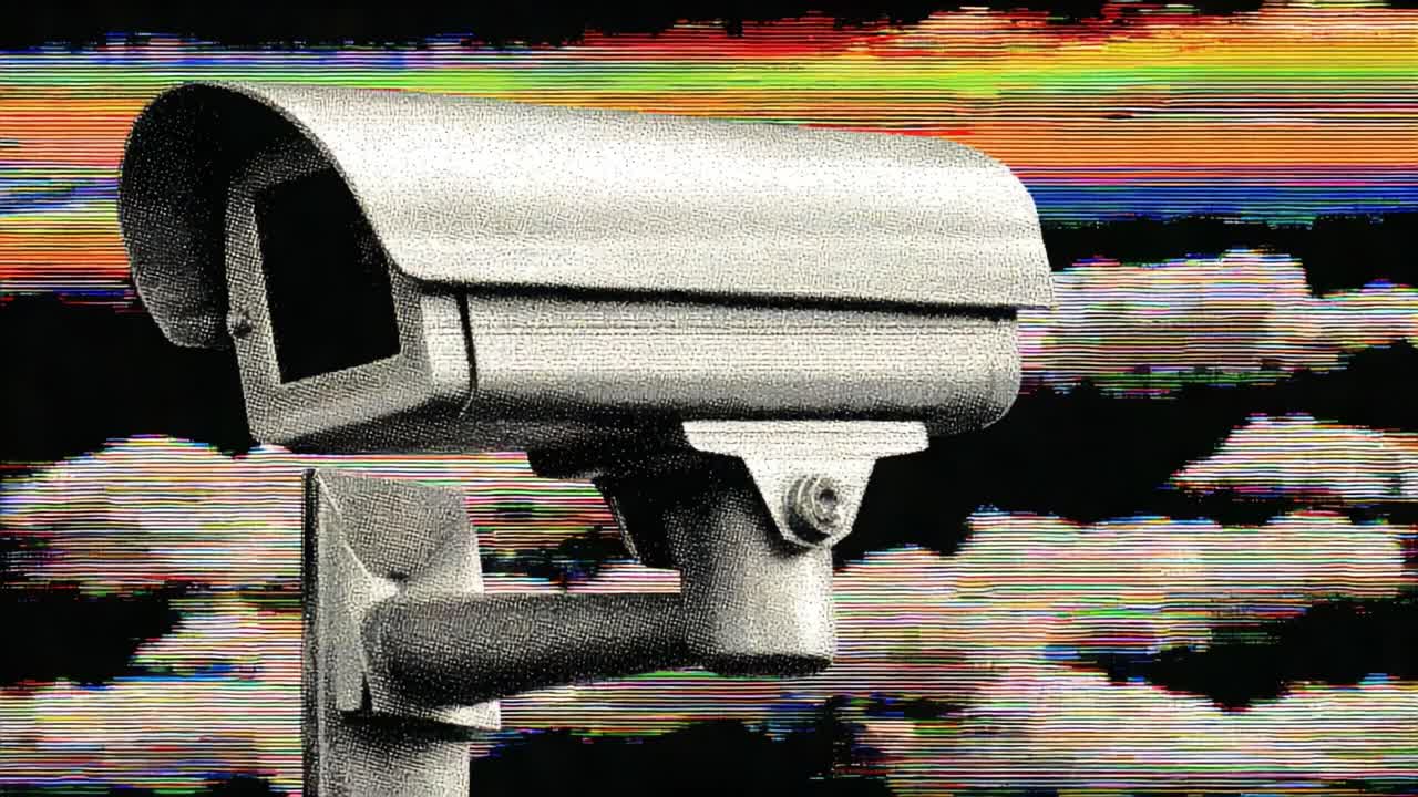Surveillance Camera Amidst Abstract Backgrounds: A Journey Through Digital Glitches and Vibrant Colors Representing Modern Monitoring Technology