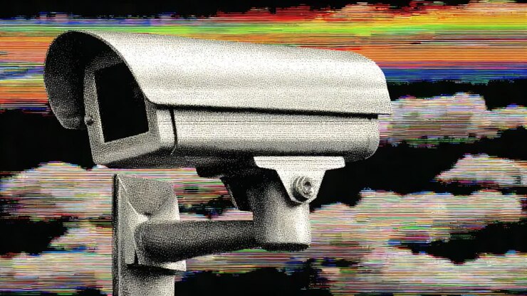 Surveillance Camera Amidst Abstract Backgrounds: A Journey Through Digital Glitches and Vibrant Colors Representing Modern Monitoring Technology