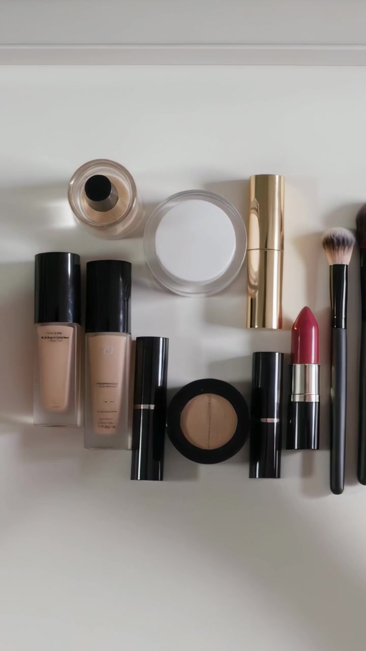 Vertical video: Reaching, hands in white prepping makeup, opening foundation on white table