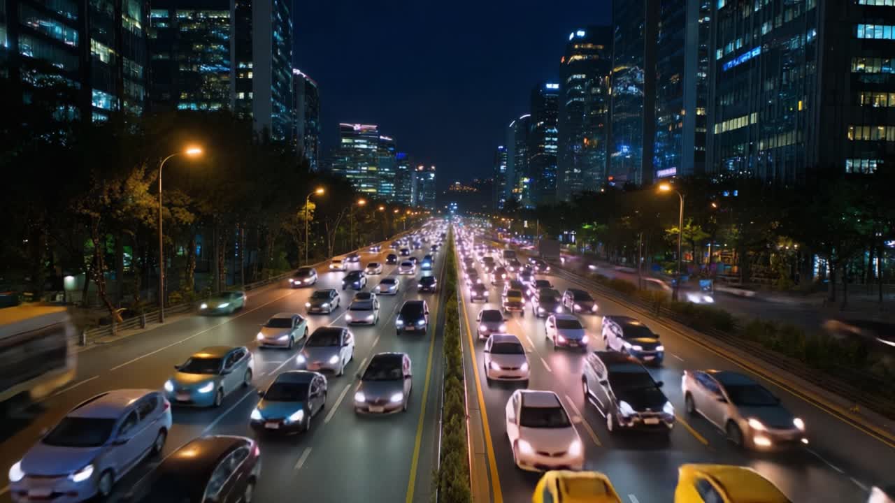 Autopista urbana ajetreada por la noche con tráfico fluido y rascacielos iluminados, reflejando la energía y el movimiento de la vida urbana en una vista panorámica de alta resolución.