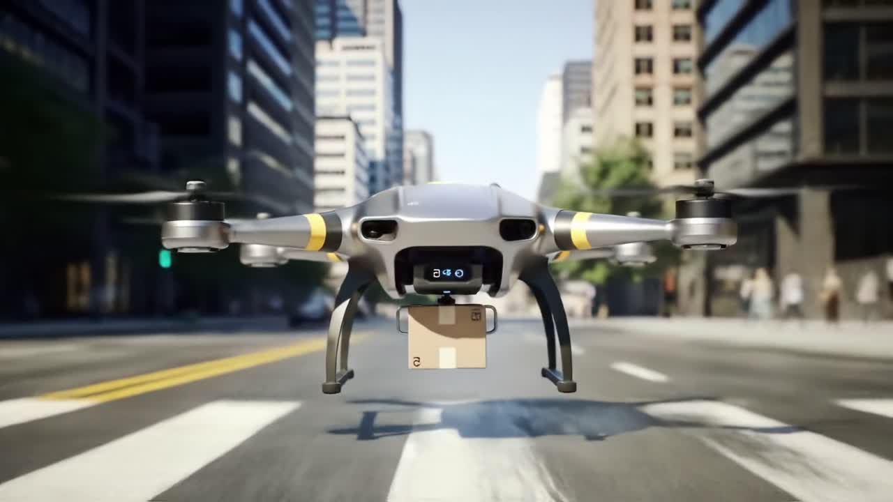 Advanced Delivery Drone Navigating Urban Streets with Precision, Carrying a Package for Efficient Package Distribution in Modern Cityscapes