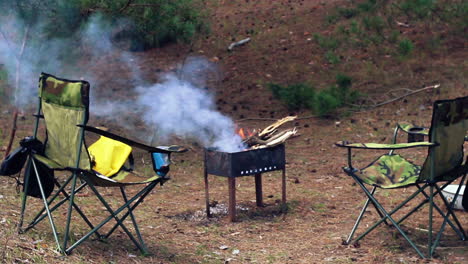 lugar de campamento en el bosque. sillas de campamento y barbacoa en el bosque