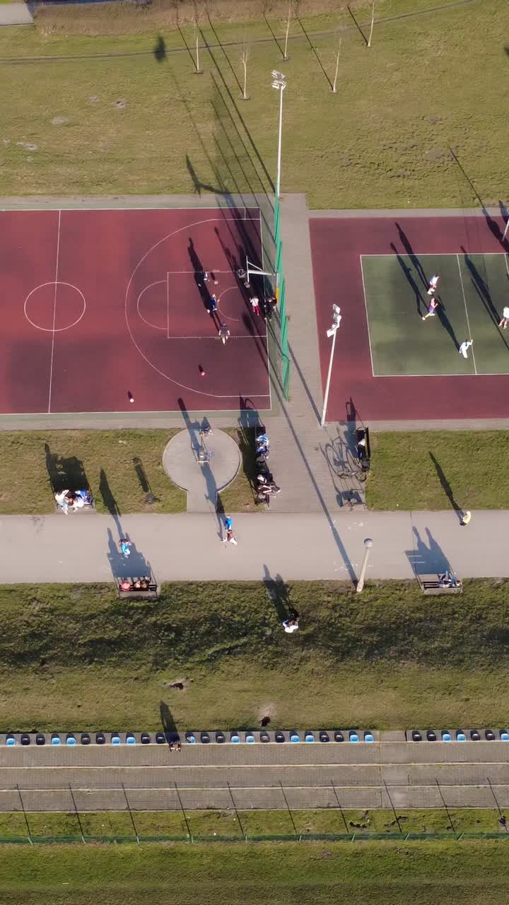 Vista aerea di persone che praticano sport e si godono un parco soleggiato