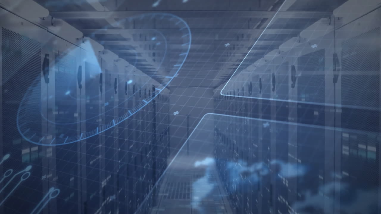 Digital data processing animation over servers in futuristic data center