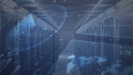 Digital data processing animation over servers in futuristic data center