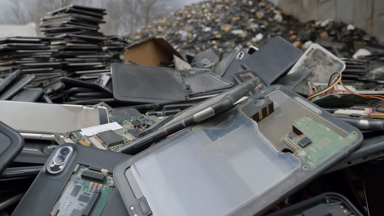 Bunke af kasseret elektronikaffald og smartphones til genbrug