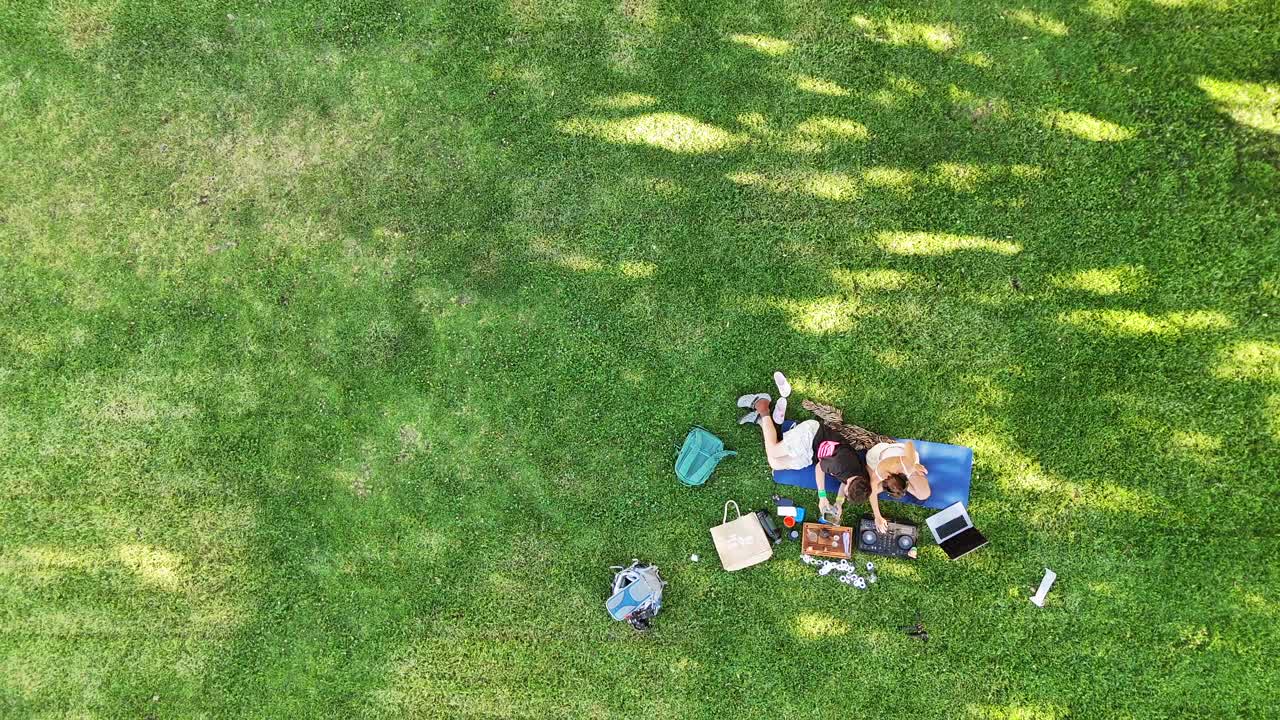 Aerial view of people relaxing in a grassy park