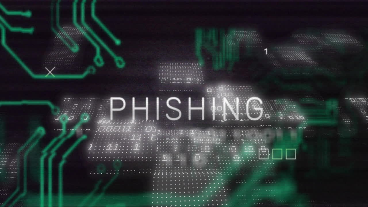 Animation of circuit board, phishing text and data processing over black background