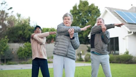 arms, stretching or senior friends in fitness