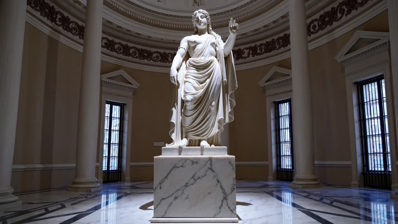 Video con ripresa dal basso di una statua classica di marmo in una grande rotonda, che enfatizza l'eleganza e la storicità.