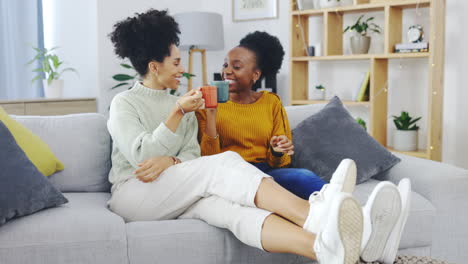 Happy,-coffee-and-friends-with-women-on-sofa