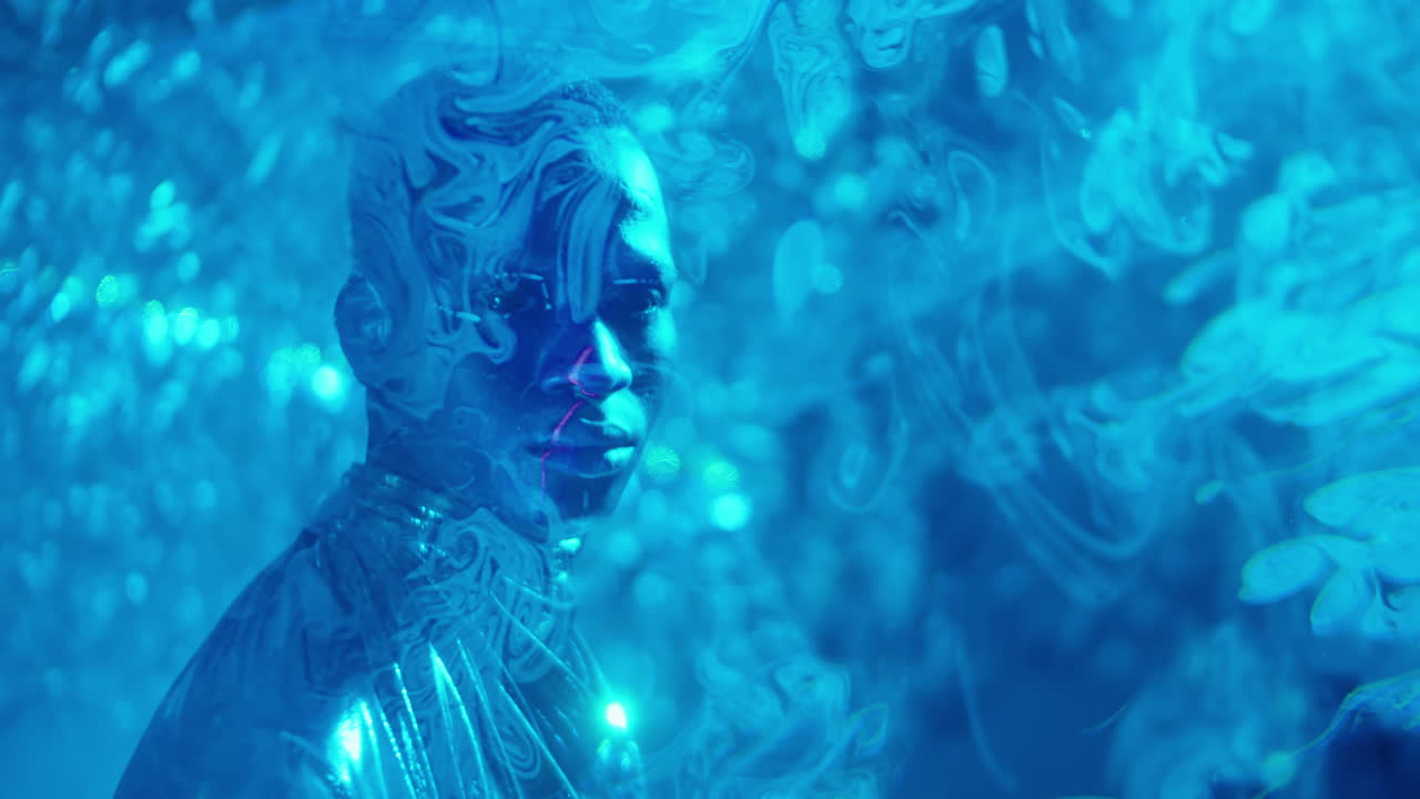 Portrait of African American Man with Alien Makeup in Laser Light