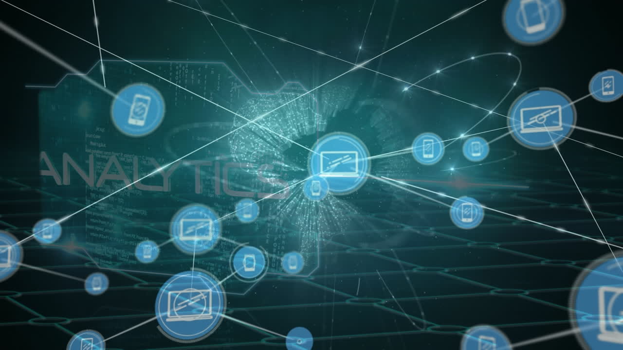 animación de la red de conexiones con iconos en todo el mundo y procesamiento de datos en fondo negro