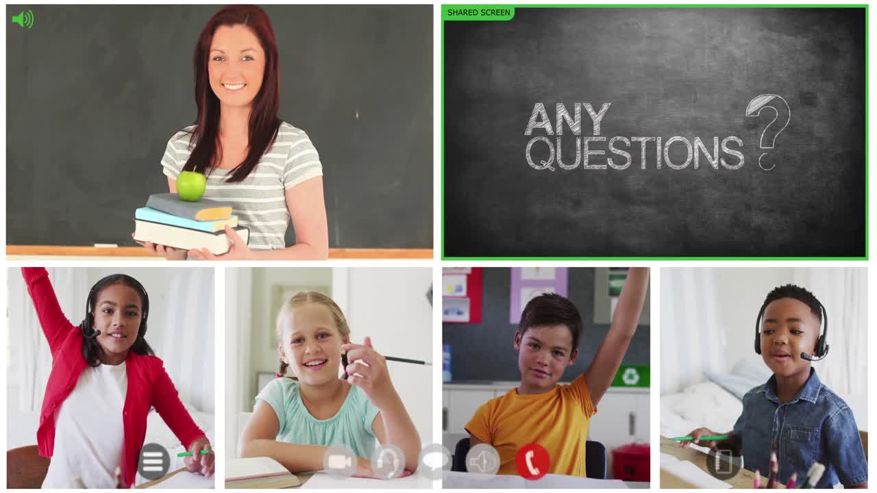 Animation of video call screens of chalkboard and diverse teacher and children having online lesson