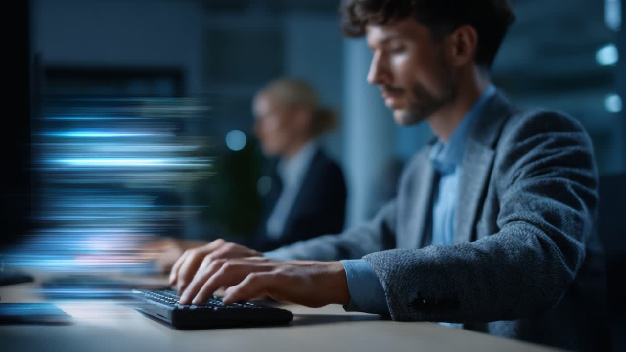 Focused Individual Typing on Computer in a Modern Workspace while Another Person is Engaged in a Task, Captured in Two Frames Highlighting Motion Blur Effects