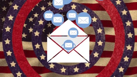 multiple message icons floating over stars on spinning circles against waving american flag