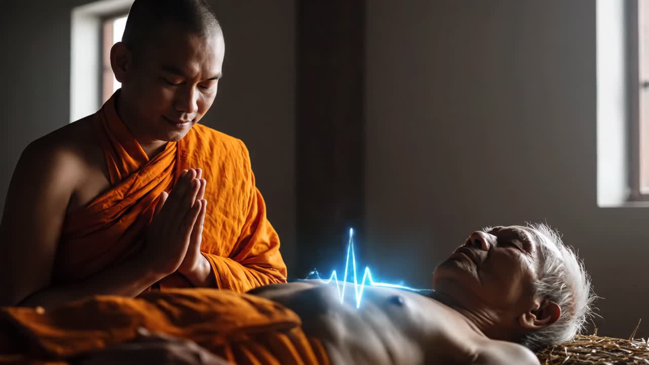 Monk Praying for Elderly Man's Recovery