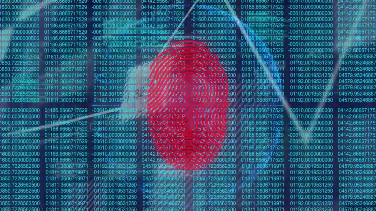 Vingerafdrukafbeelding zweeft boven een cyberbeveiligingsmatrix, toont numerieke codestromen in plat ontwerp.