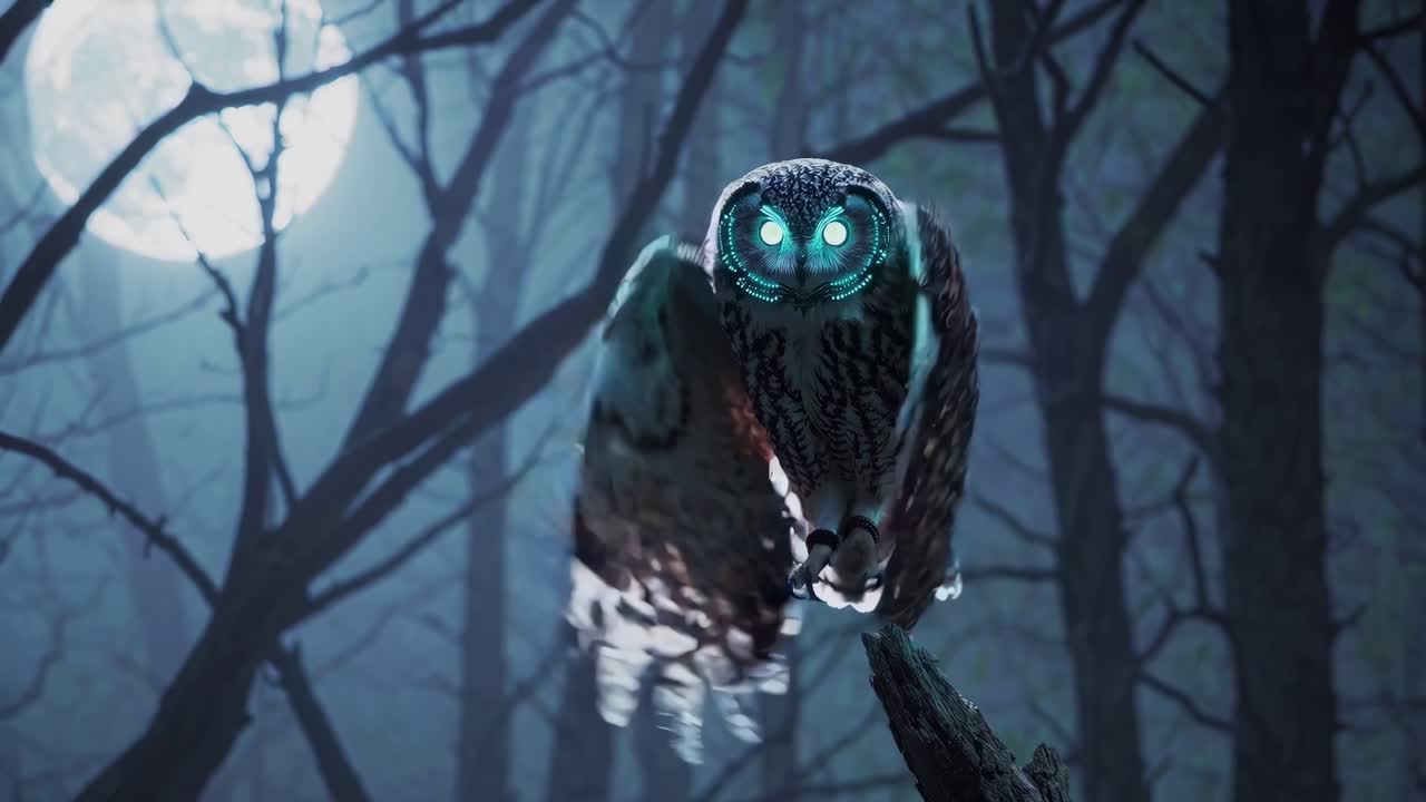 Glowing Owl in a Misty Forest at Night