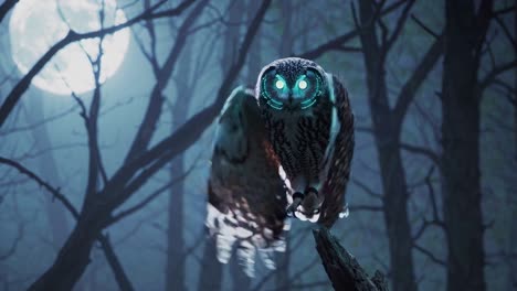 glowing owl in a misty forest at night