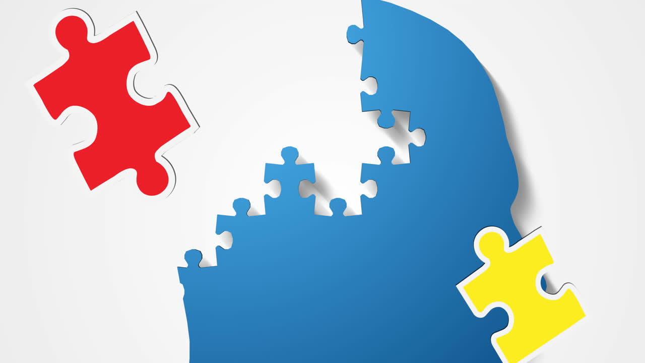 animación de piezas de rompecabezas verdes, rojas y amarillas que caen sobre la cabeza humana formadas con rompecabeas en azul