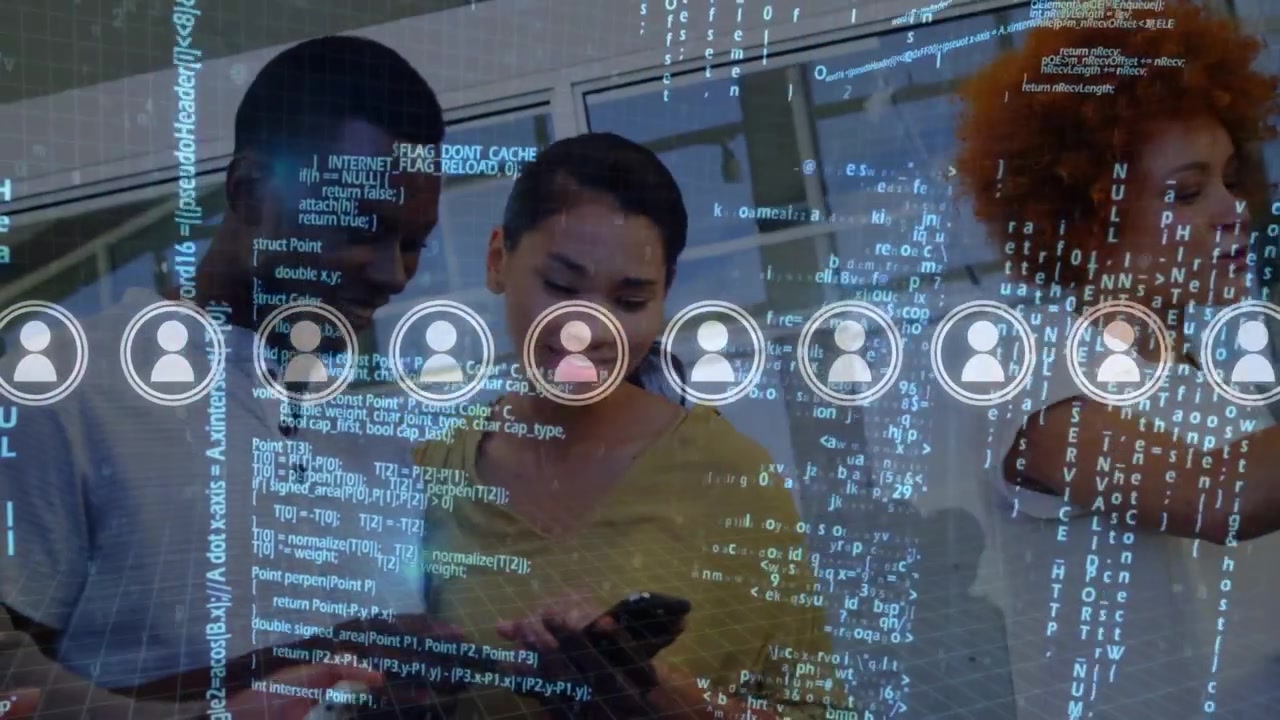 Animation of people icons and data processing over diverse business people using electronic devices