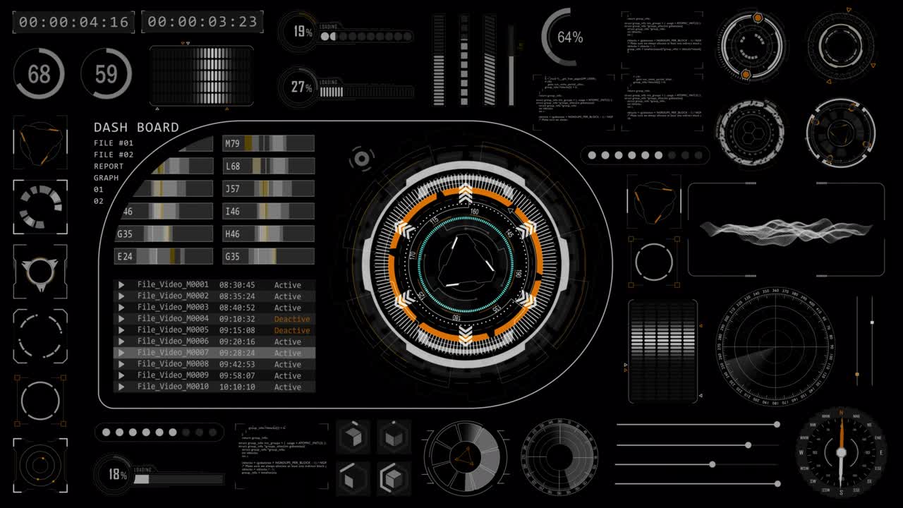 Motion graphic of Head up display ( HUD UI ) technology interface screen with futuristic elements graph and chat panel abstract background alpha channel included