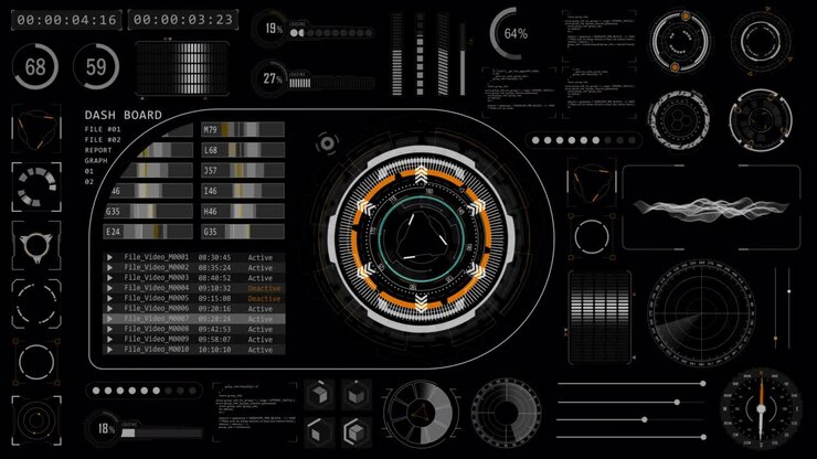 Motion graphic of Head up display ( HUD UI ) technology interface screen with futuristic elements graph and chat panel abstract background alpha channel included