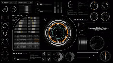 motion graphic of head up display ( hud ui ) technology interface screen with futuristic elements graph and chat panel abstract background alpha channel included