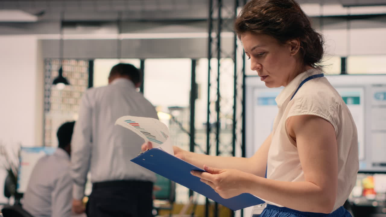 Woman business worker, focused on charts, analytics dashboard,