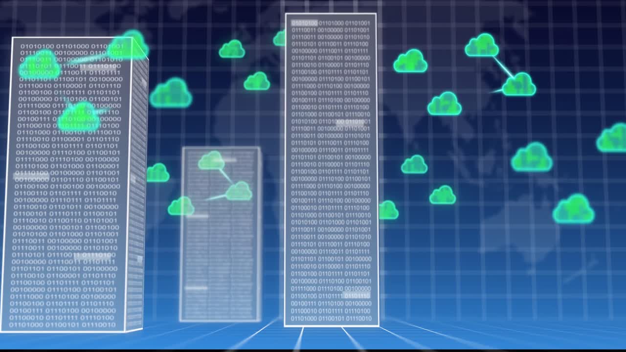 animación de barras con procesamiento de datos sobre mapas del mundo e íconos de nubes.