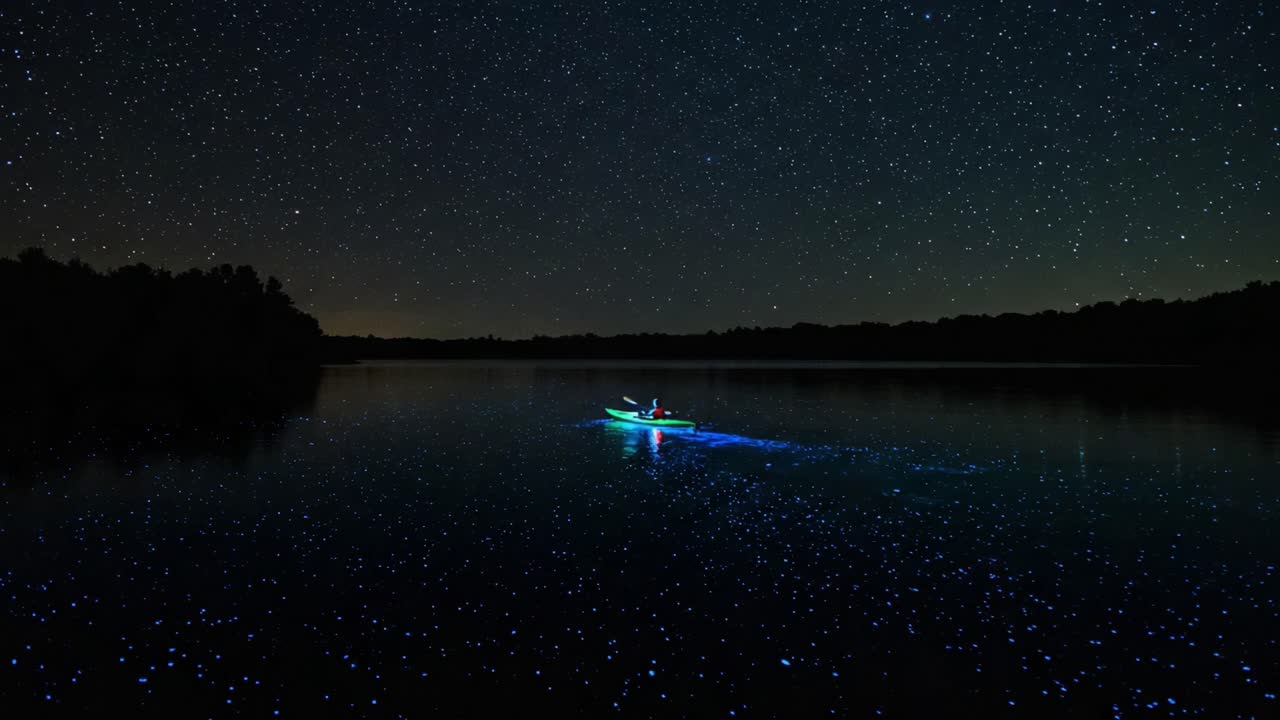 A lone kayaker navigates through a tranquil lake under a mesmerizing starry sky, surrounded by a shimmering glow emanating from bioluminescent organisms in the water