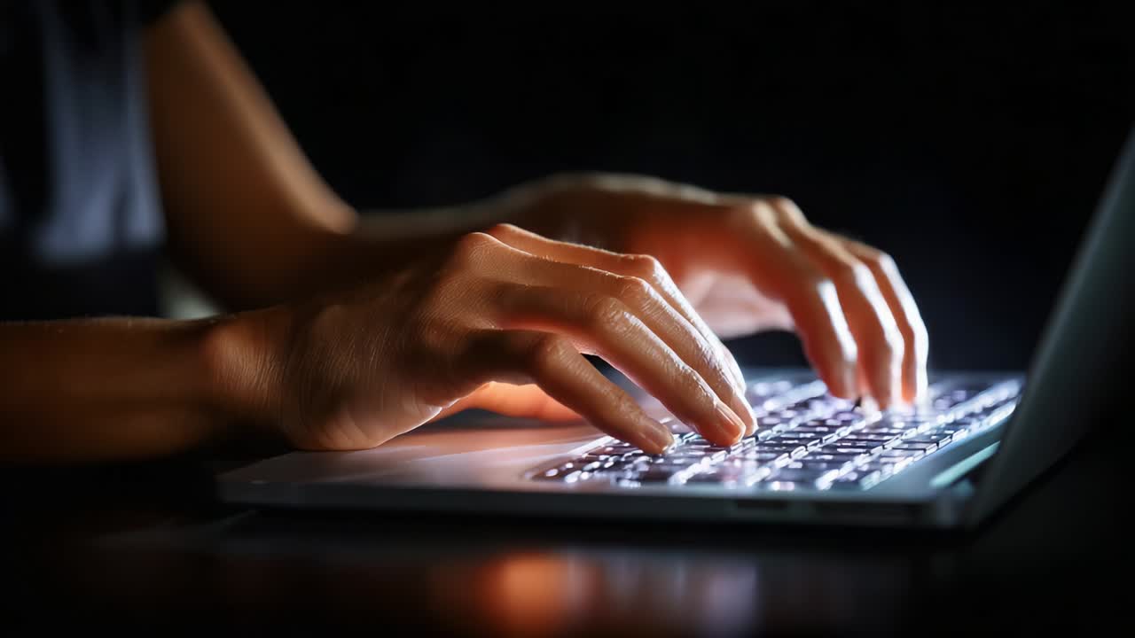 Close-Up of Hands Typing on a Laptop Keyboard in Low Light, Illustrating Modern Technology and Communication, Revealing the Intensity of Focus and Engagement in a Digital Environment