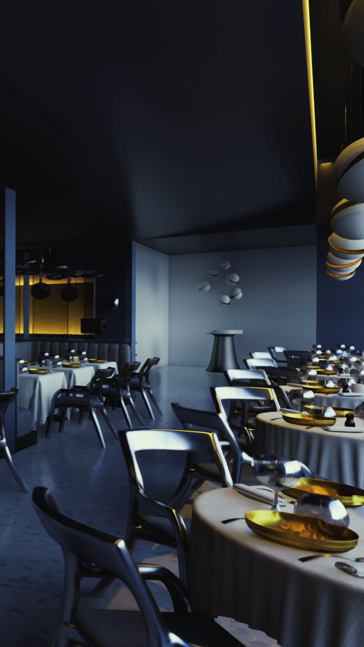 Dining area with tables and chairs for guests in a modern restaurant setting