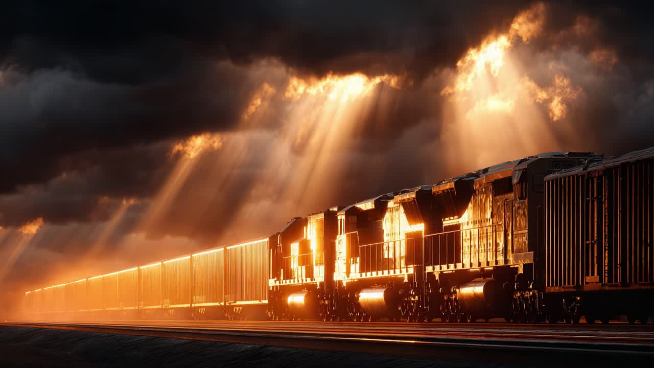 A Stunning Display of Nature's Power: A Train Passes Through a Majestic Stormy Landscape Illuminated by Sunlight Breaking Through Dark Clouds