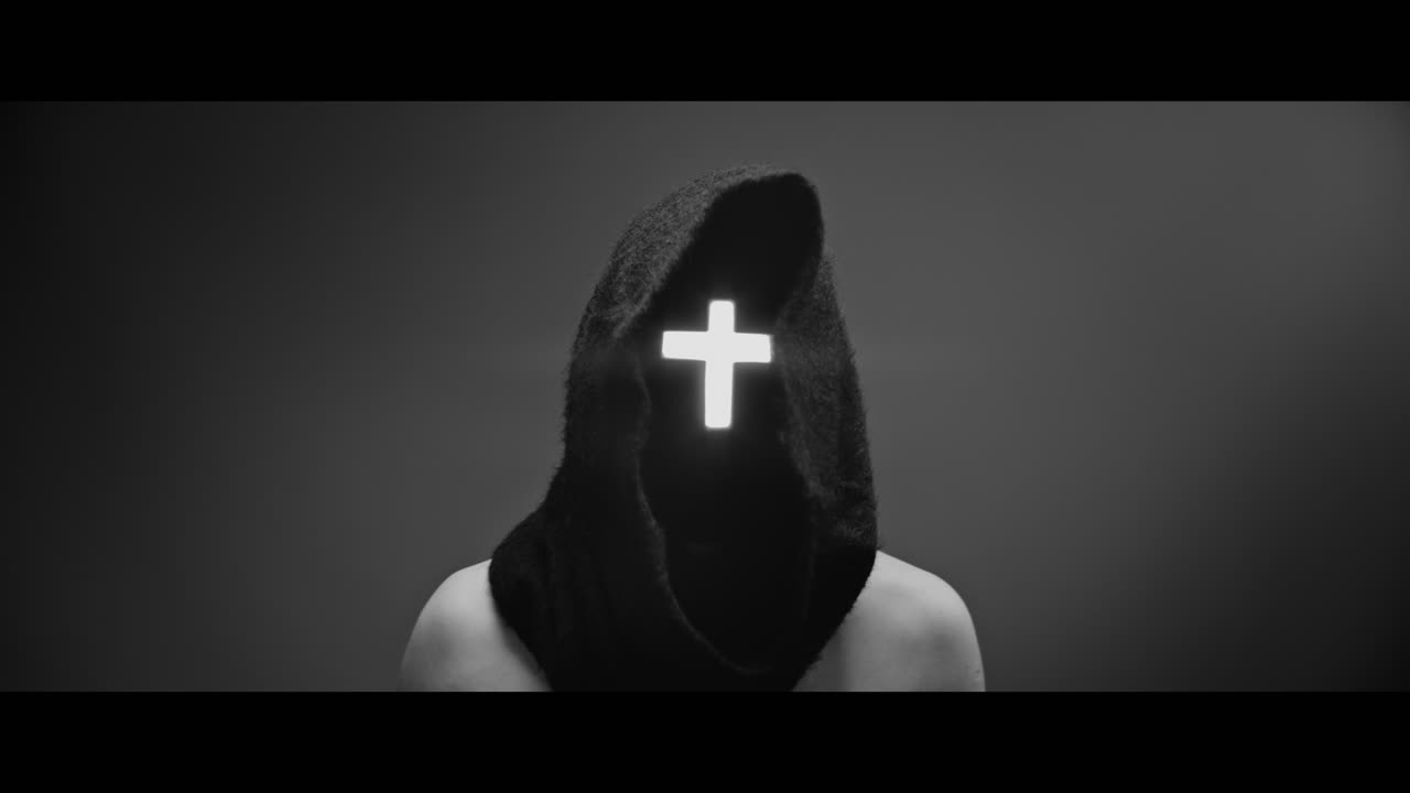 Masked man with cross of light glowing on his face rise his head