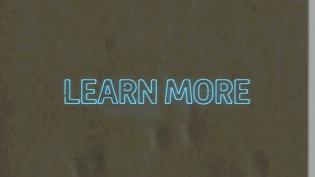 Animation of neon learn more text over textured background