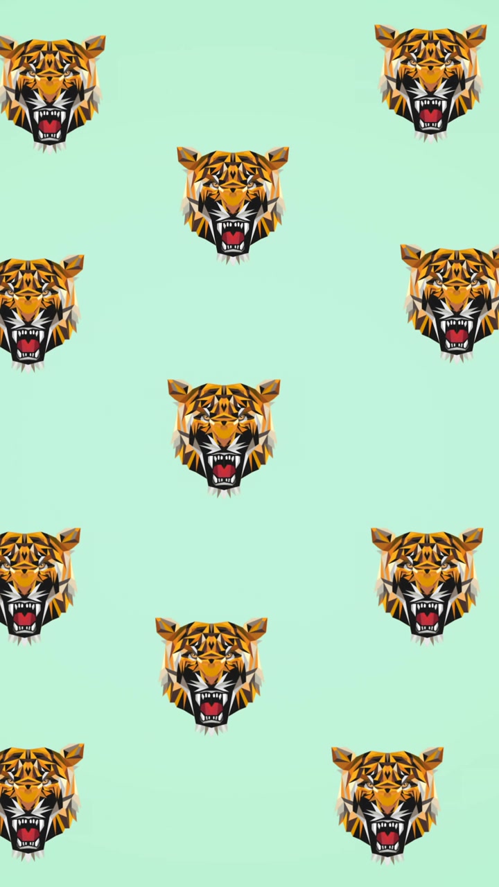 Animazione di molteplici teste di tigre su sfondo verde.