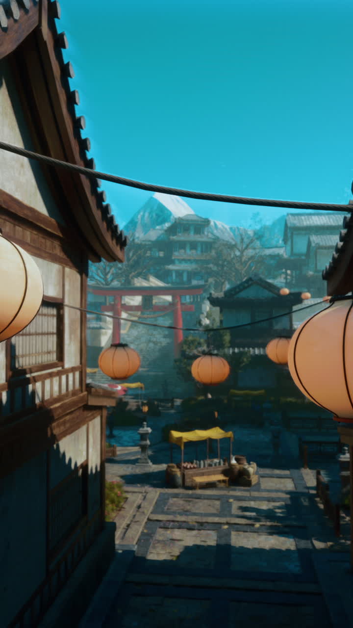 Japonská vesnice se zasněženou horou v pozadí