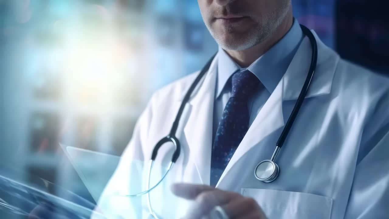 Close-up, foto em ângulo baixo de um médico usando um tablet futurista com jaleco, transmitindo modernidade