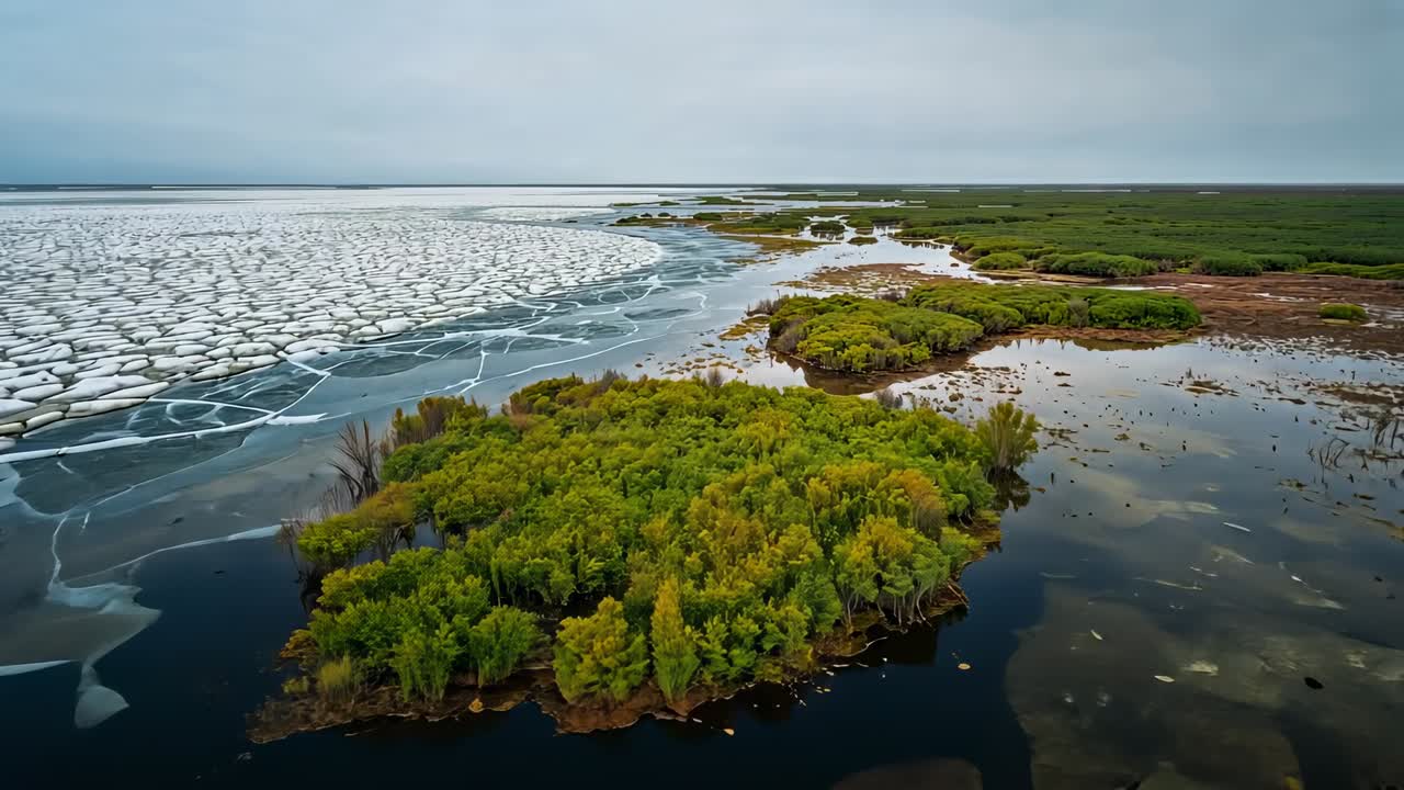 Drone camera starting flight toward shrub islet in marsh, surveying ice pattern details
