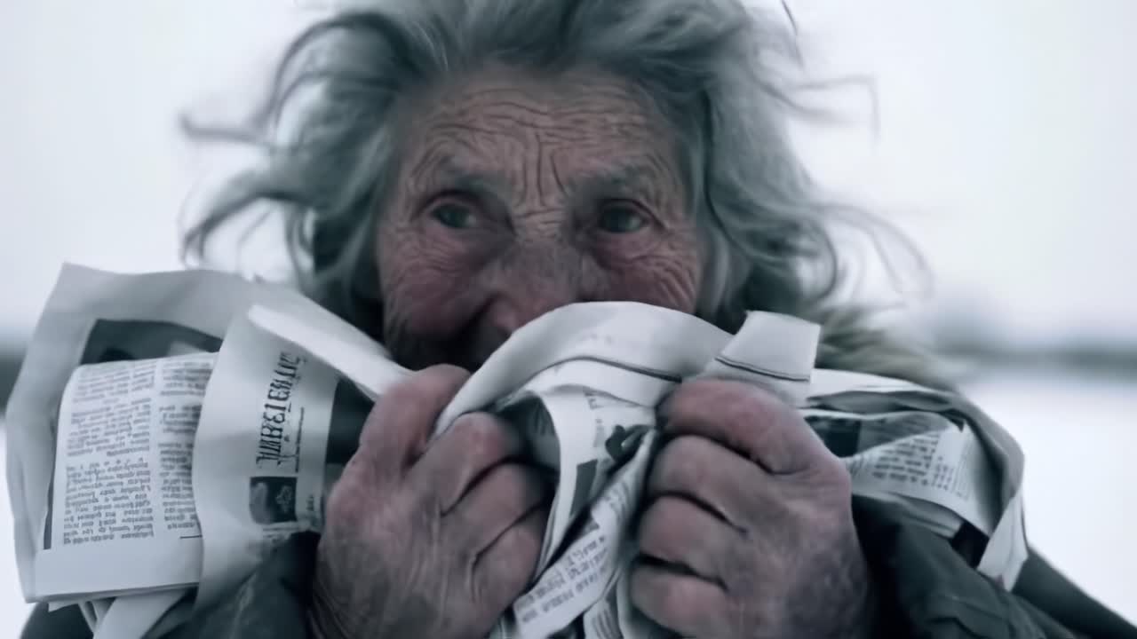 A Resilient Spirit: An Elderly Woman Embracing Hope Amidst Harsh Winters, Clutching Tattered Newspapers that Tell Untold Stories of Resilience and Survival