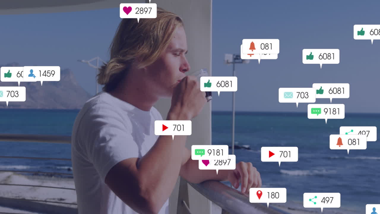 커피를 마시는 백인 남성 위에 숫자를 가진 소셜 미디어 아이콘의 애니메이션