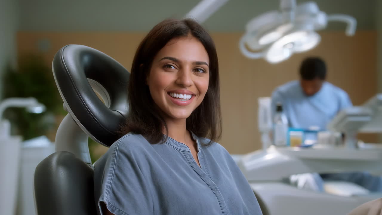 Donna felice che sorride sulla poltrona del dentista